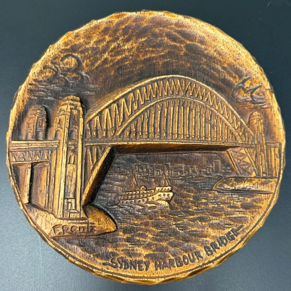 Vintage F Rentz Sydney Harbour Bridge Wall Plaque 3D Wood Carved Relief 7.5